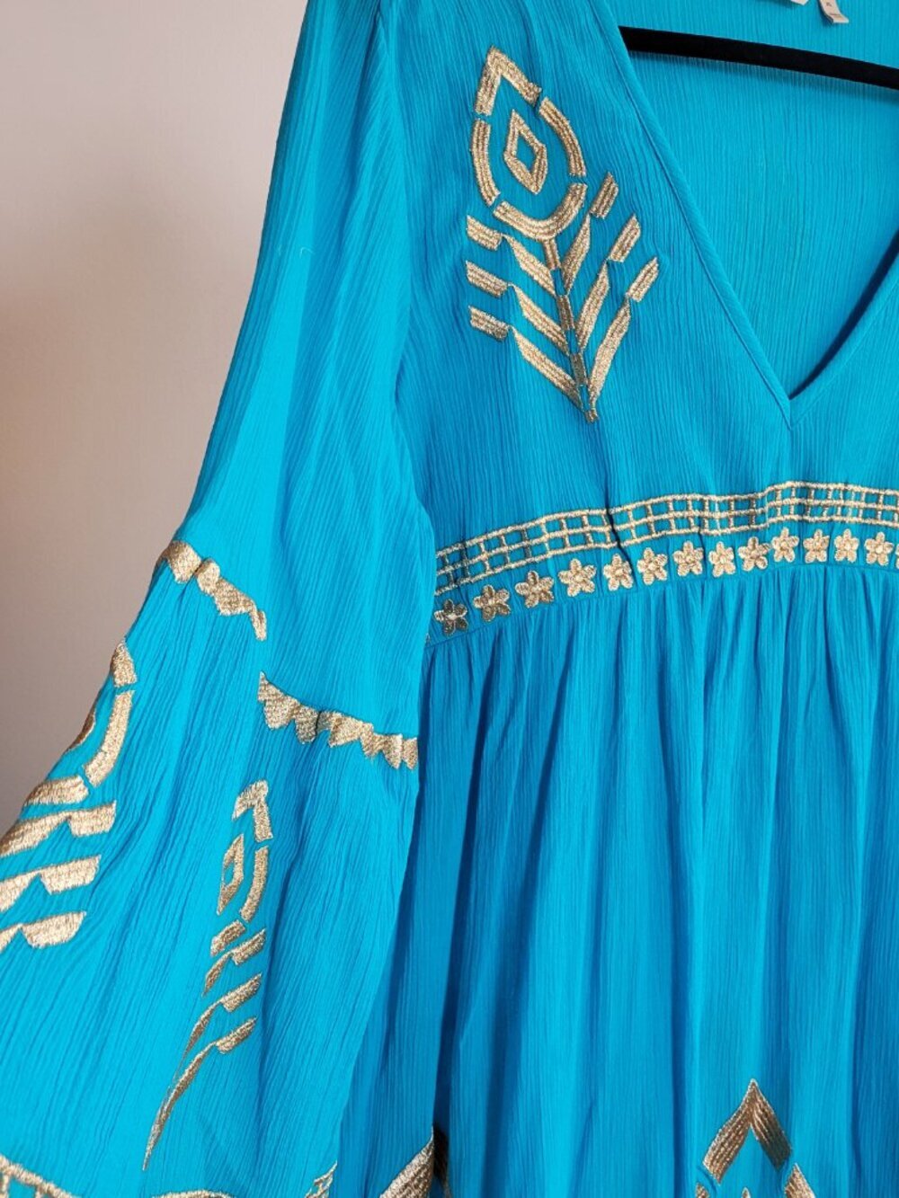 Soft Surroundings Zaneta Turquoise Babydoll Gold Flare Dress: (Size: XL) - Picture 8 of 16